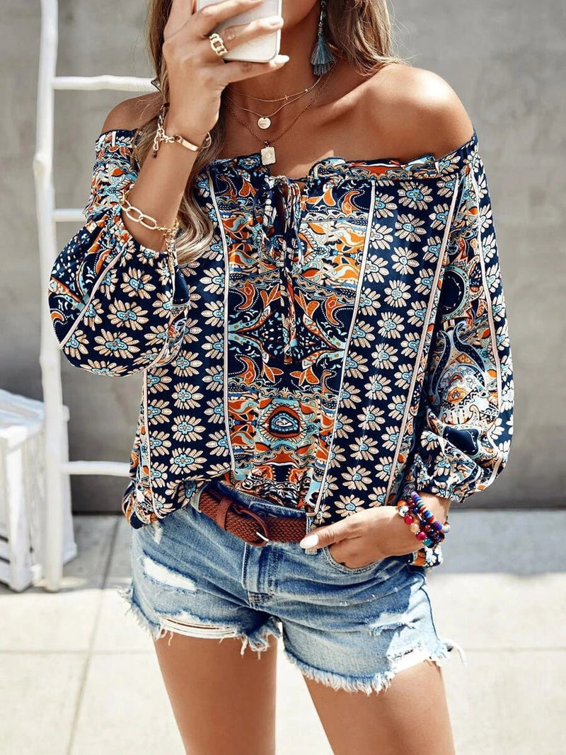 Women's Blouses Printed One-Shoulder Long Sleeve Blouse