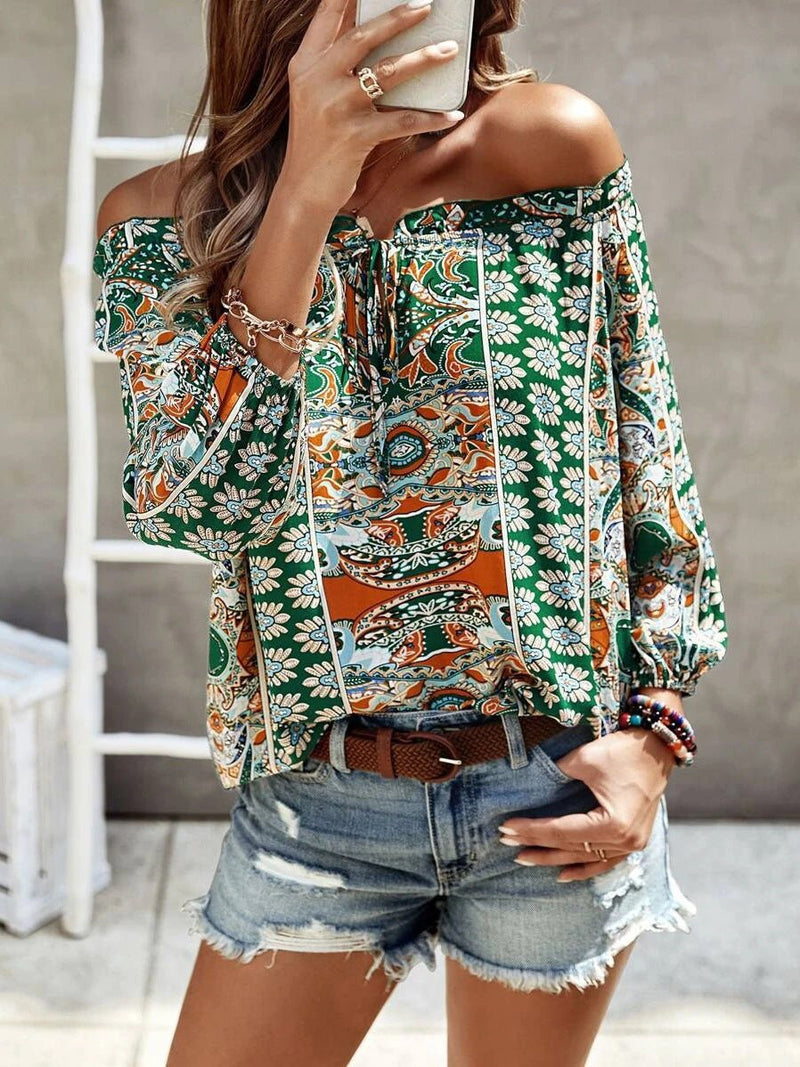 Women's Blouses Printed One-Shoulder Long Sleeve Blouse