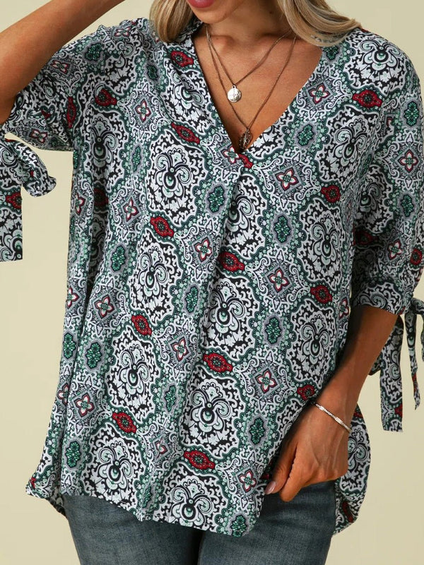 Women's Blouses Printed Stand Collar Mid-Sleeves Knotted Blouse