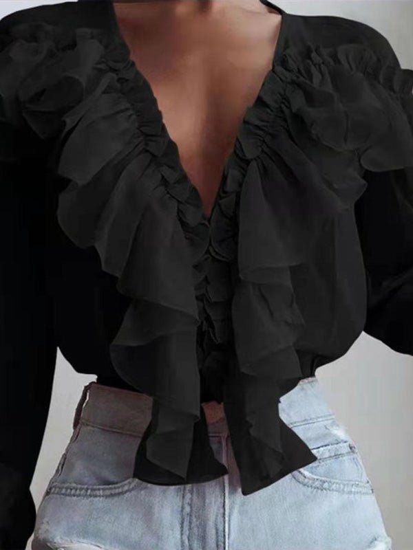 Women's Blouses Ruffled V-Neck Chiffon Long Sleeve Blouse