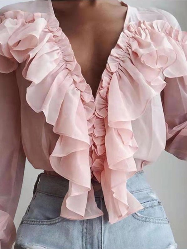 Women's Blouses Ruffled V-Neck Chiffon Long Sleeve Blouse