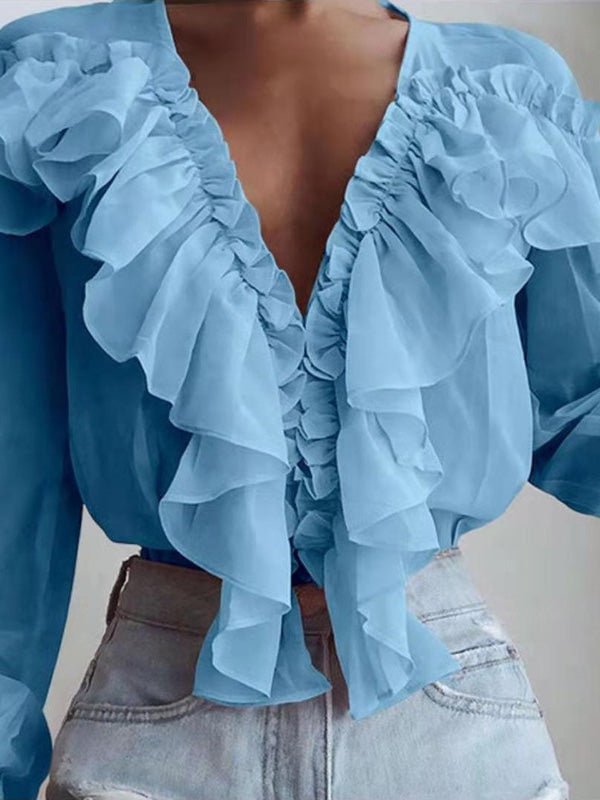 Women's Blouses Ruffled V-Neck Chiffon Long Sleeve Blouse