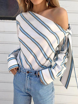 Slanted Shoulder Strap Striped Long Sleeve Blouse