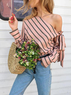 Slanted Shoulder Strap Striped Long Sleeve Blouse