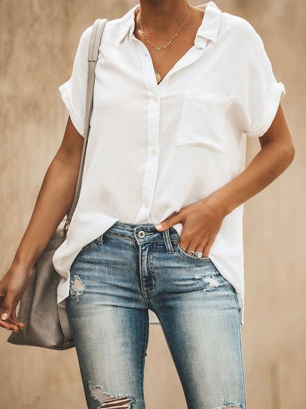 Women's Blouses Solid Lapel Short Sleeve Pocket Blouse