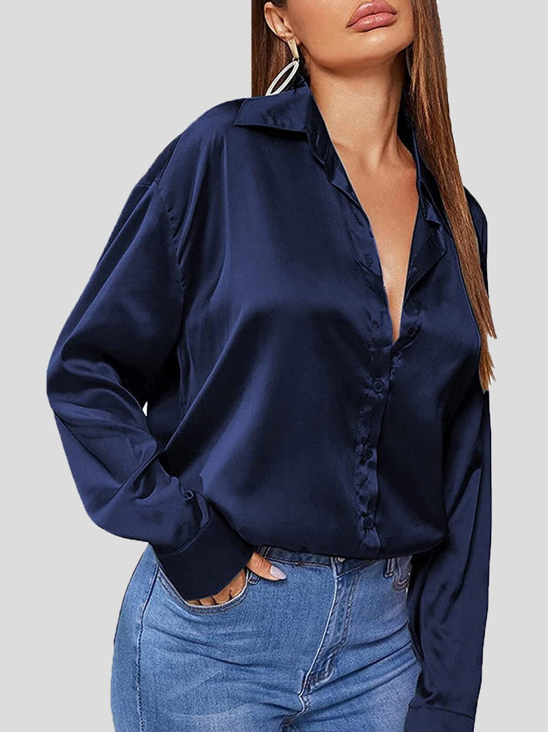 Women's Blouses Solid Satin POLO Neck Long Sleeve Blouse