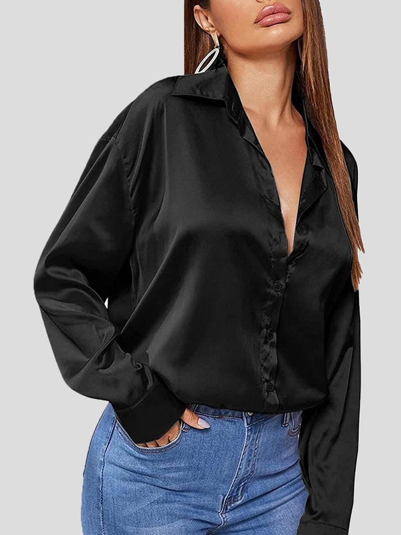 Women's Blouses Solid Satin POLO Neck Long Sleeve Blouse