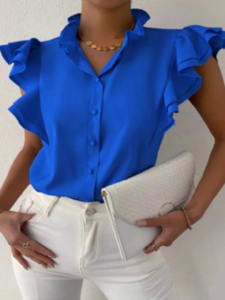 Women's Blouses Solid Stand Collar Button Ruffle Blouse