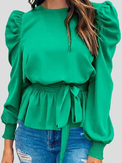 Women's Blouses Solid Tie Puff Long Sleeve Blouse