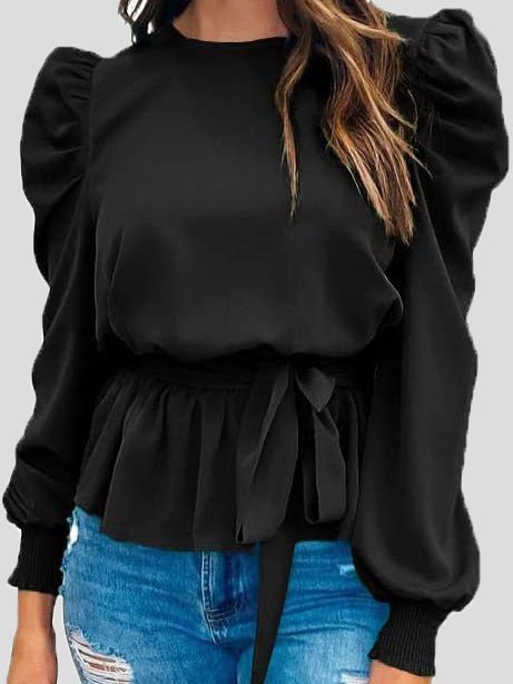 Women's Blouses Solid Tie Puff Long Sleeve Blouse