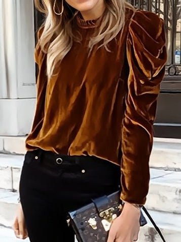 Women's Blouses Solid Velvet Bubble Long Sleeve Blouse