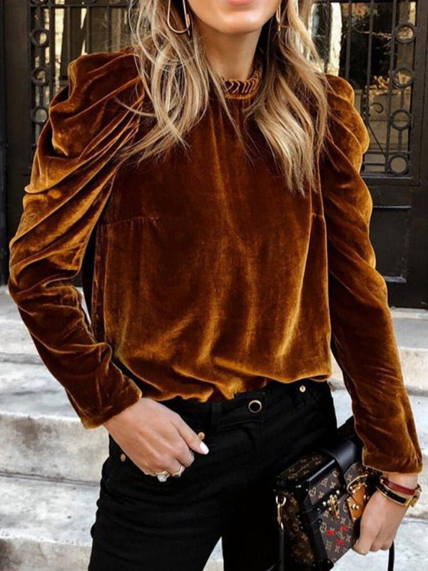 Women's Blouses Solid Velvet Bubble Long Sleeve Blouse