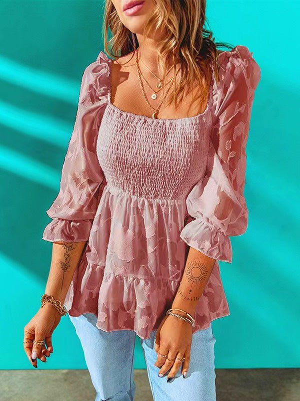 Women's Blouses Square Neck Long Sleeve Ruffled Chiffon Blouse