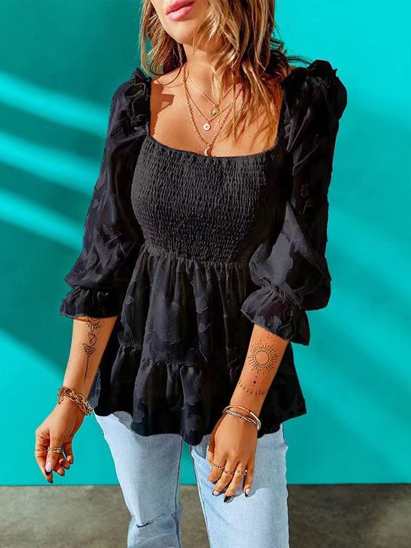 Women's Blouses Square Neck Long Sleeve Ruffled Chiffon Blouse