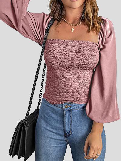 Women's Blouses Square Neck Long Sleeves Slim Blouse