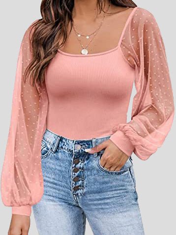 Women's Blouses Square Neck Mesh Panel Balloon Sleeves Blouse