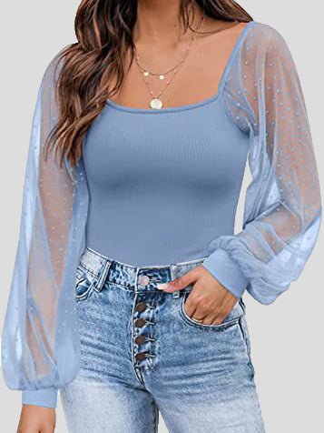 Women's Blouses Square Neck Mesh Panel Balloon Sleeves Blouse