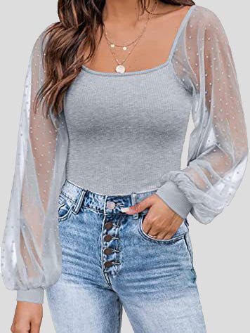 Women's Blouses Square Neck Mesh Panel Balloon Sleeves Blouse