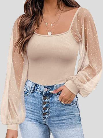 Women's Blouses Square Neck Mesh Panel Balloon Sleeves Blouse