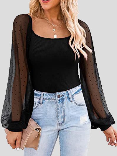 Women's Blouses Square Neck Mesh Panel Balloon Sleeves Blouse