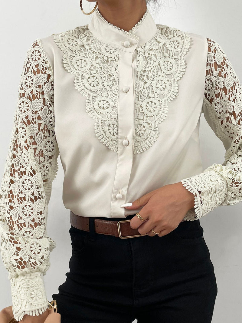 Women's Blouses Stand Collar Lace Cutout Long Sleeve Blouse