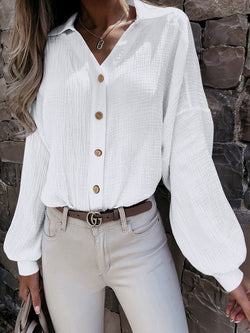 Women's Blouses V-Neck Button Balloon Sleeve Blouse