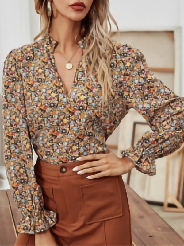 Women's Blouses V-Neck Floral Long Sleeves Blouse