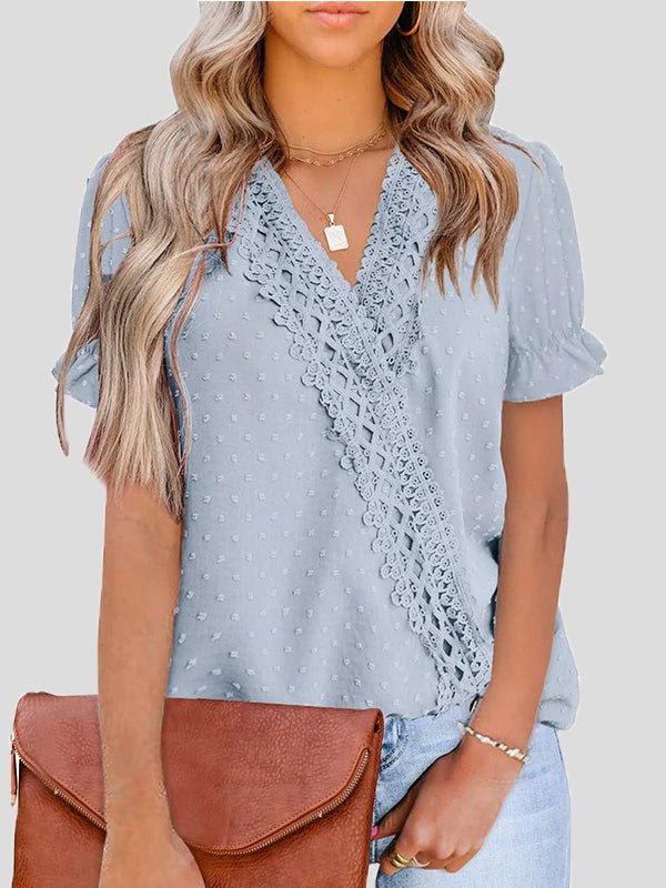 Women's Blouses V-Neck Jacquard Dot Lace Short Sleeve Blouse