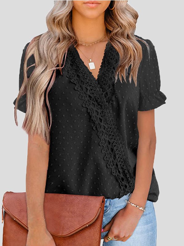 Women's Blouses V-Neck Jacquard Dot Lace Short Sleeve Blouse