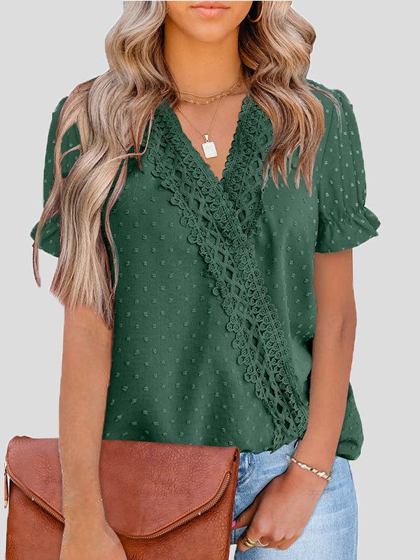 Women's Blouses V-Neck Jacquard Dot Lace Short Sleeve Blouse