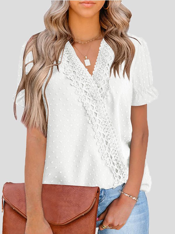 Women's Blouses V-Neck Jacquard Dot Lace Short Sleeve Blouse