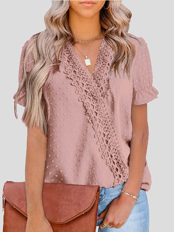 Women's Blouses V-Neck Jacquard Dot Lace Short Sleeve Blouse