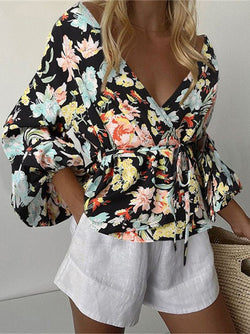 Women's Blouses V-Neck Printed Waist Tie Long Sleeve Blouse