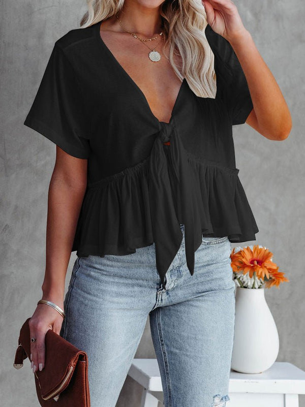 Women's Blouses V-Neck Tie Ruffle Short Sleeve Blouse