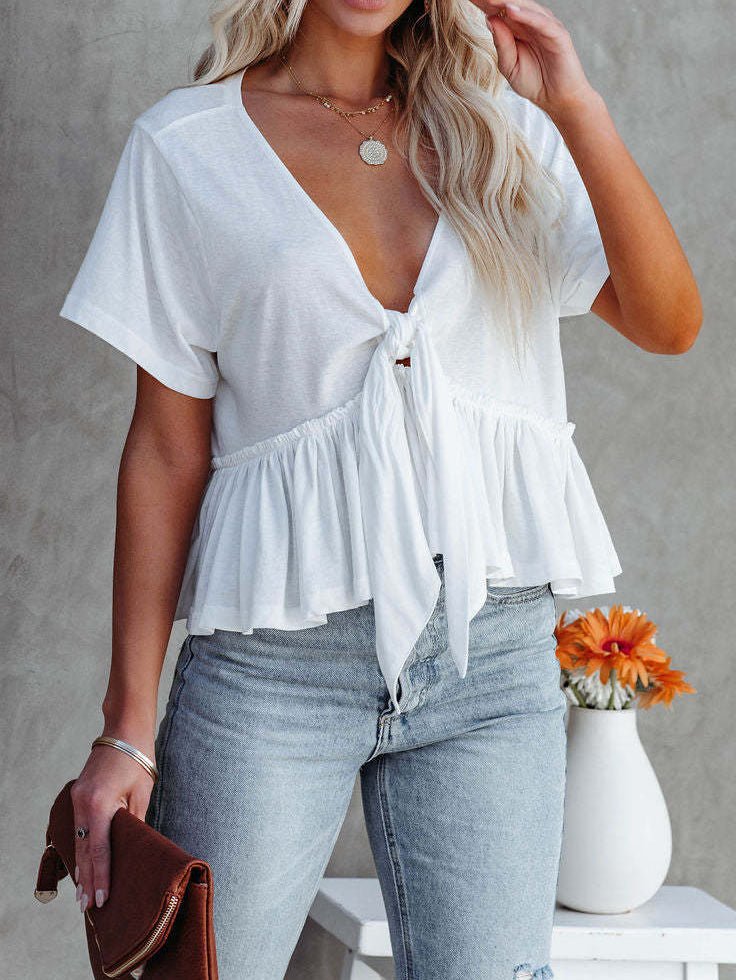 Women's Blouses V-Neck Tie Ruffle Short Sleeve Blouse