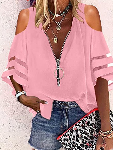 Women's Blouses V-Neck Zip Flare Sleeves Mesh Panel Casual Blouse