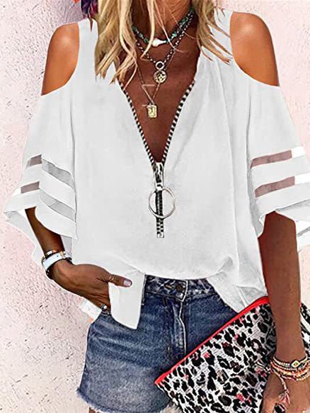 Women's Blouses V-Neck Zip Flare Sleeves Mesh Panel Casual Blouse