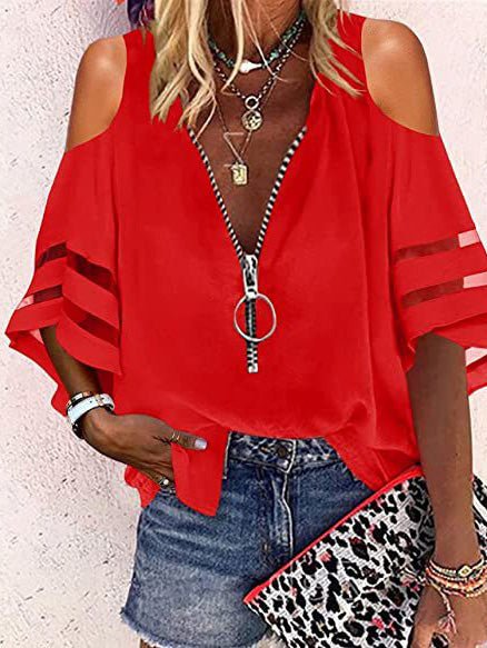 Women's Blouses V-Neck Zip Flare Sleeves Mesh Panel Casual Blouse