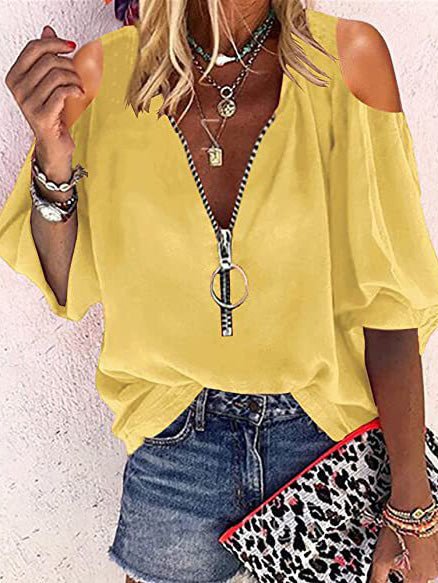 Women's Blouses V-Neck Zip Off-Shoulder Long Sleeve Blouse