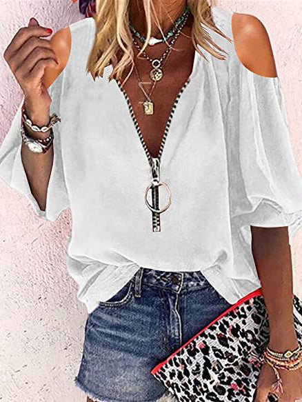 Women's Blouses V-Neck Zip Off-Shoulder Long Sleeve Blouse