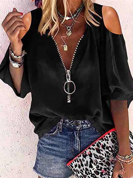 Women's Blouses V-Neck Zip Off-Shoulder Long Sleeve Blouse