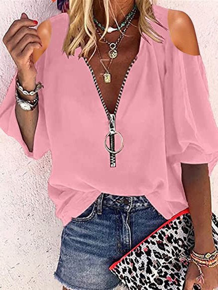 Women's Blouses V-Neck Zip Off-Shoulder Long Sleeve Blouse