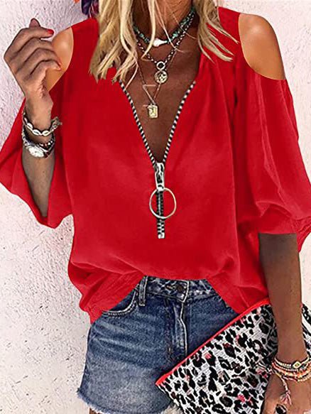 Women's Blouses V-Neck Zip Off-Shoulder Long Sleeve Blouse