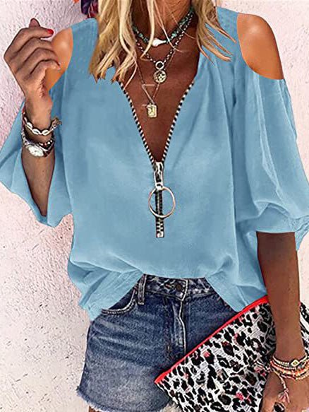 Women's Blouses V-Neck Zip Off-Shoulder Long Sleeve Blouse