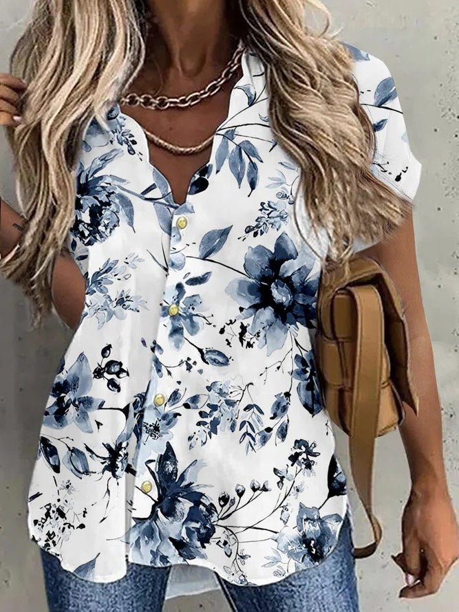 Women's Blouses Wavy Neck Print Button Short Sleeve Blouse