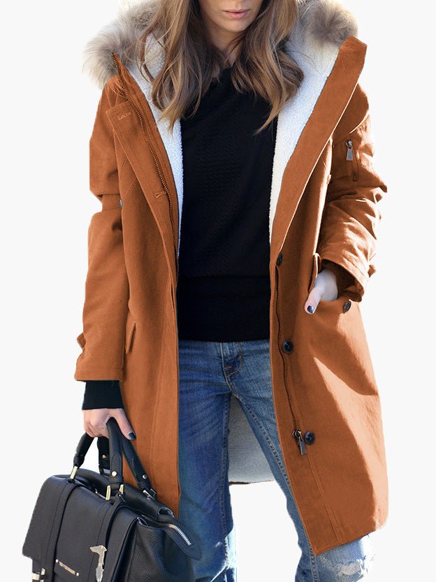 Women's Coats Fur Collar Zip Pocket Hooded Coat