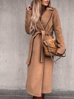 Women's Coats Simple Lapel Belted Long Sleeve Woolen Coat