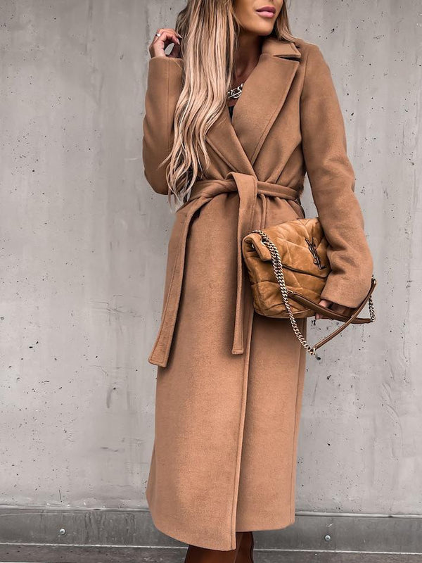 Women's Coats Simple Lapel Belted Long Sleeve Woolen Coat