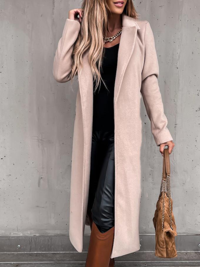 Women's Coats Simple Lapel Belted Long Sleeve Woolen Coat