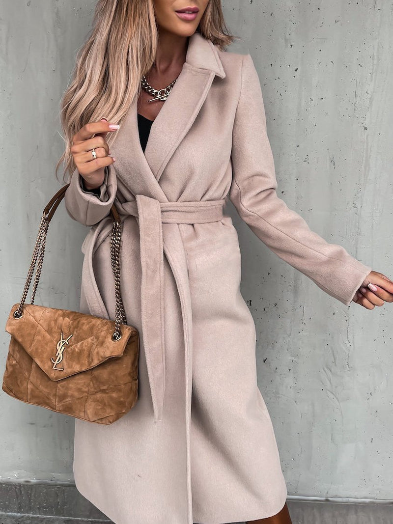 Women's Coats Simple Lapel Belted Long Sleeve Woolen Coat